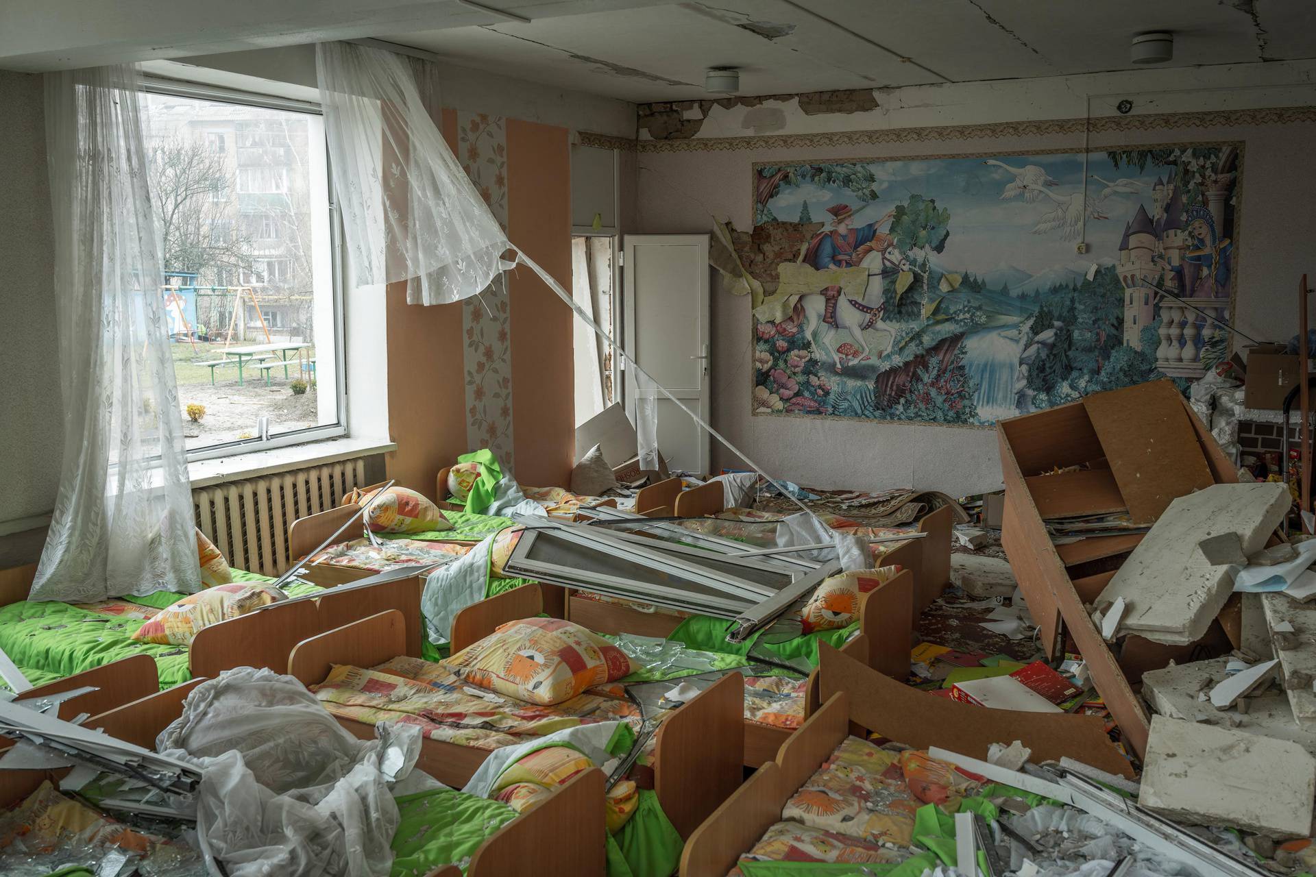 A view shows an interior of a kindergarten damaged by shelling in the town of Makariv