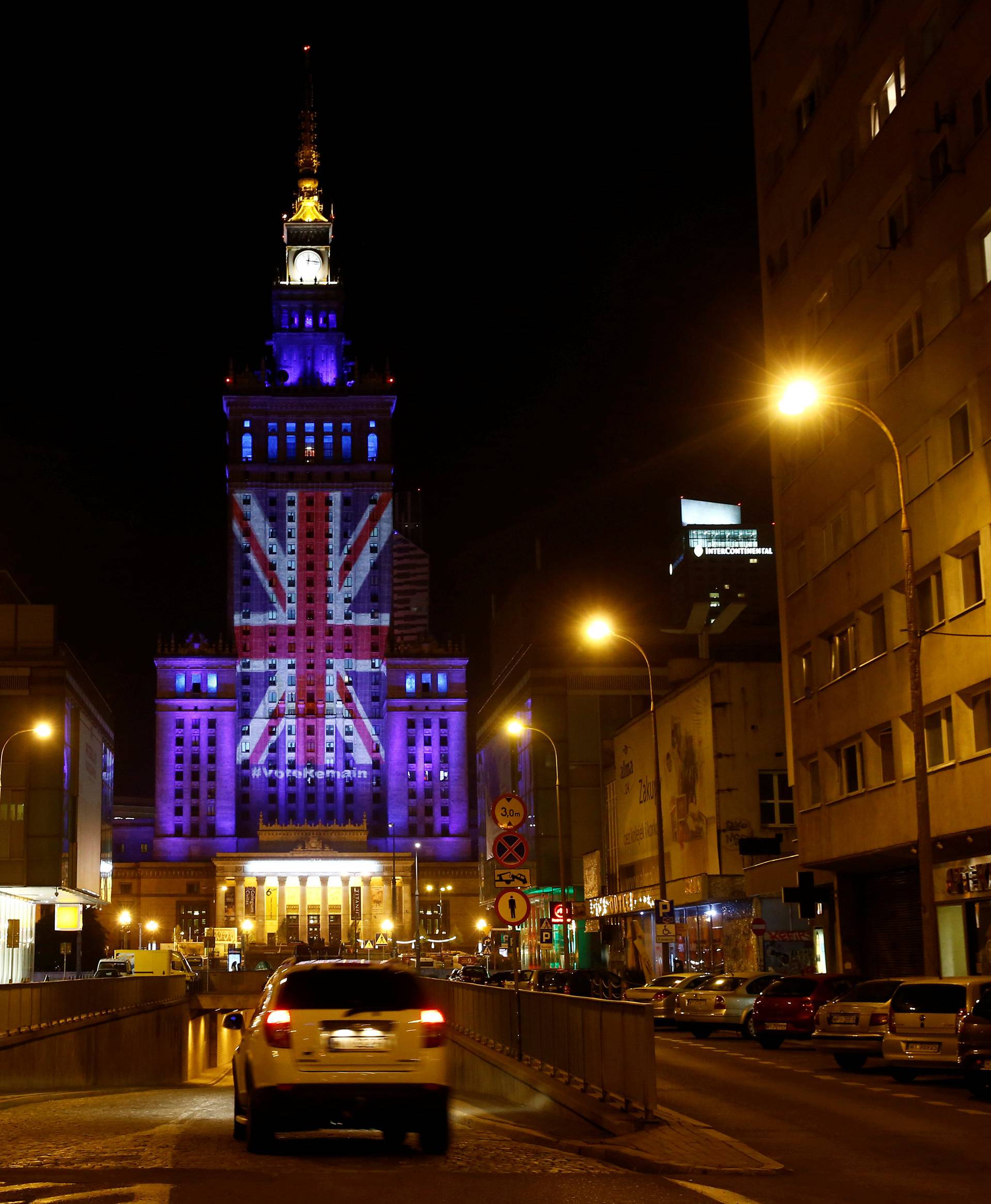 The Palace of Culture and Science is illuminated in Union Jack colours by Warsaw's capital authorities in support of Britain staying in the EU, in Warsaw