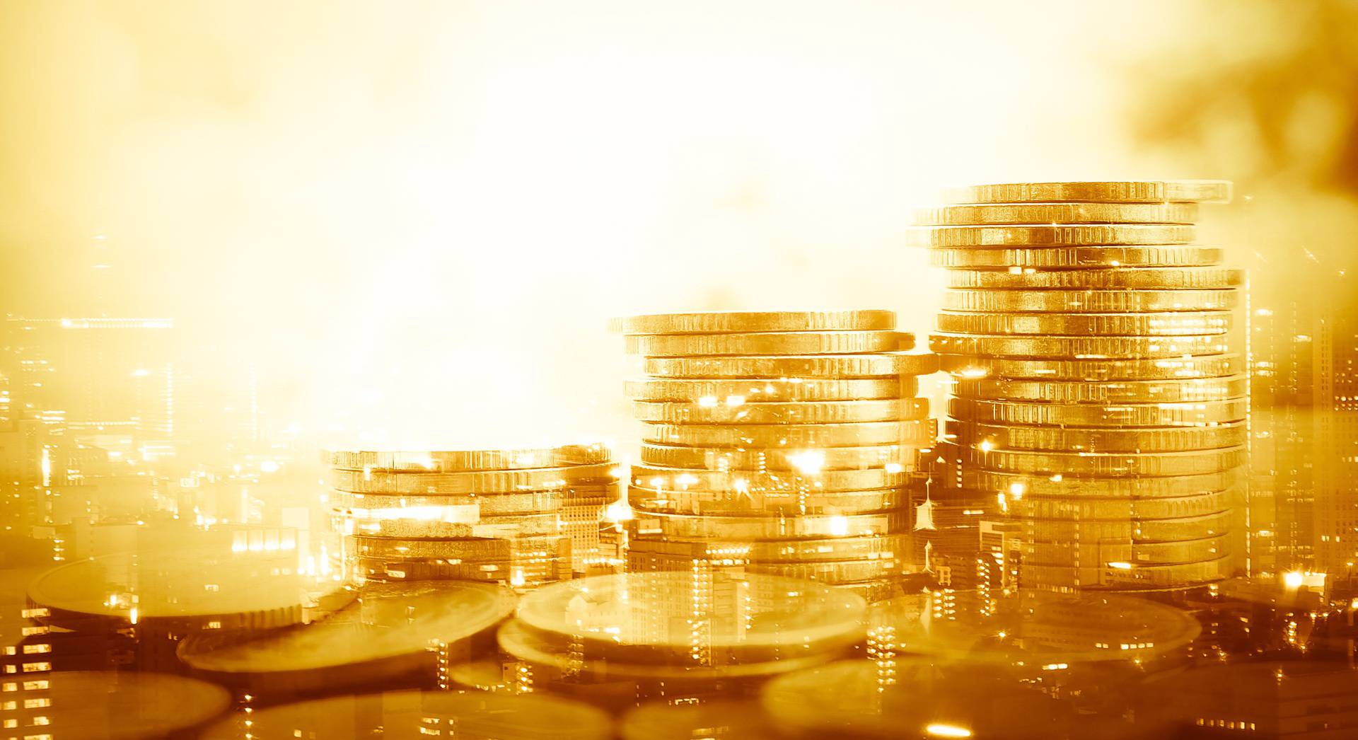 Double,Exposure,Of,City,And,Stack,Of,Coins,For,Finance