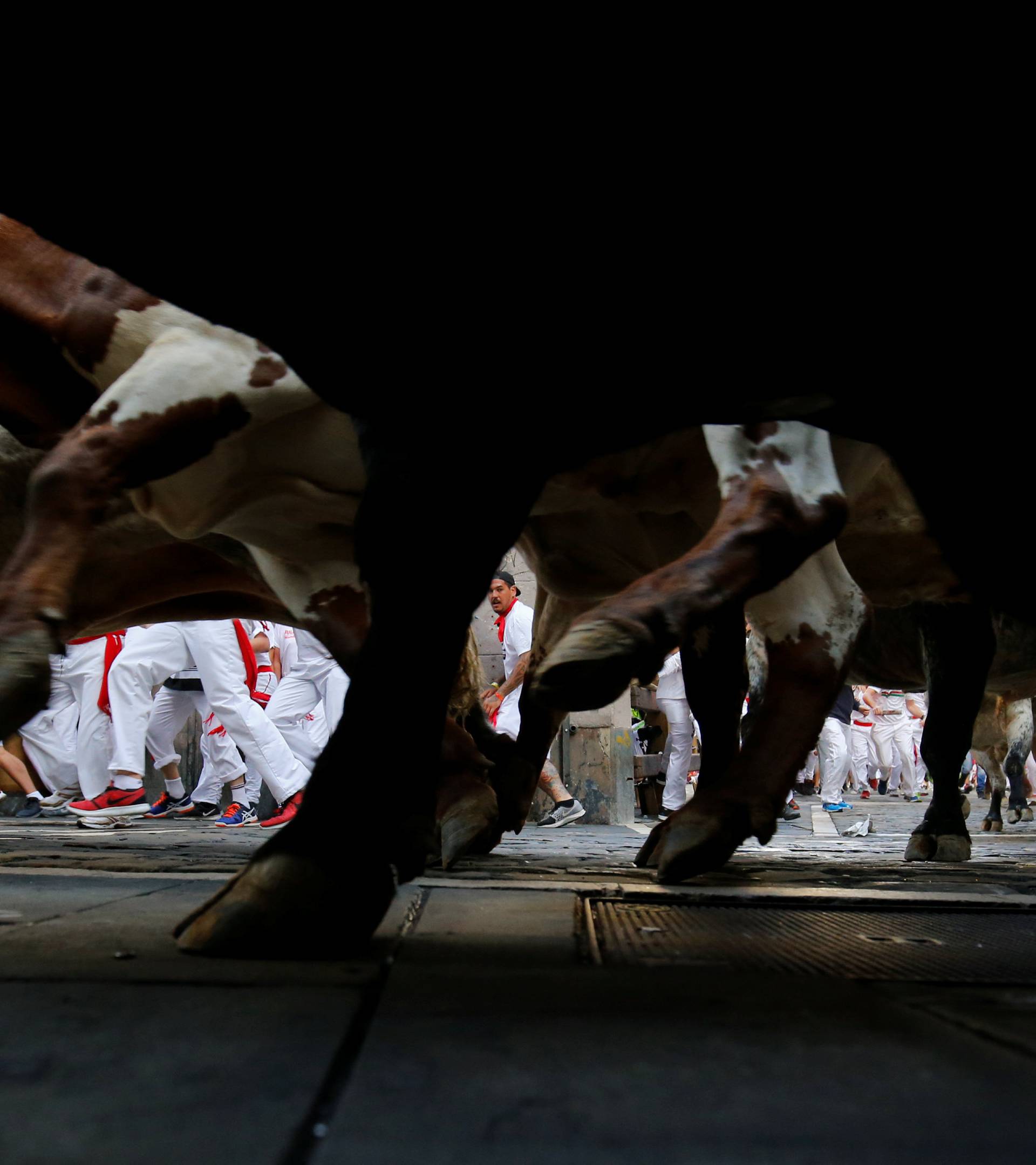 A runner is seen through the legs of bulls sprinting towards the bullring during the first running of the bulls at the San Fermin festival in Pamplona