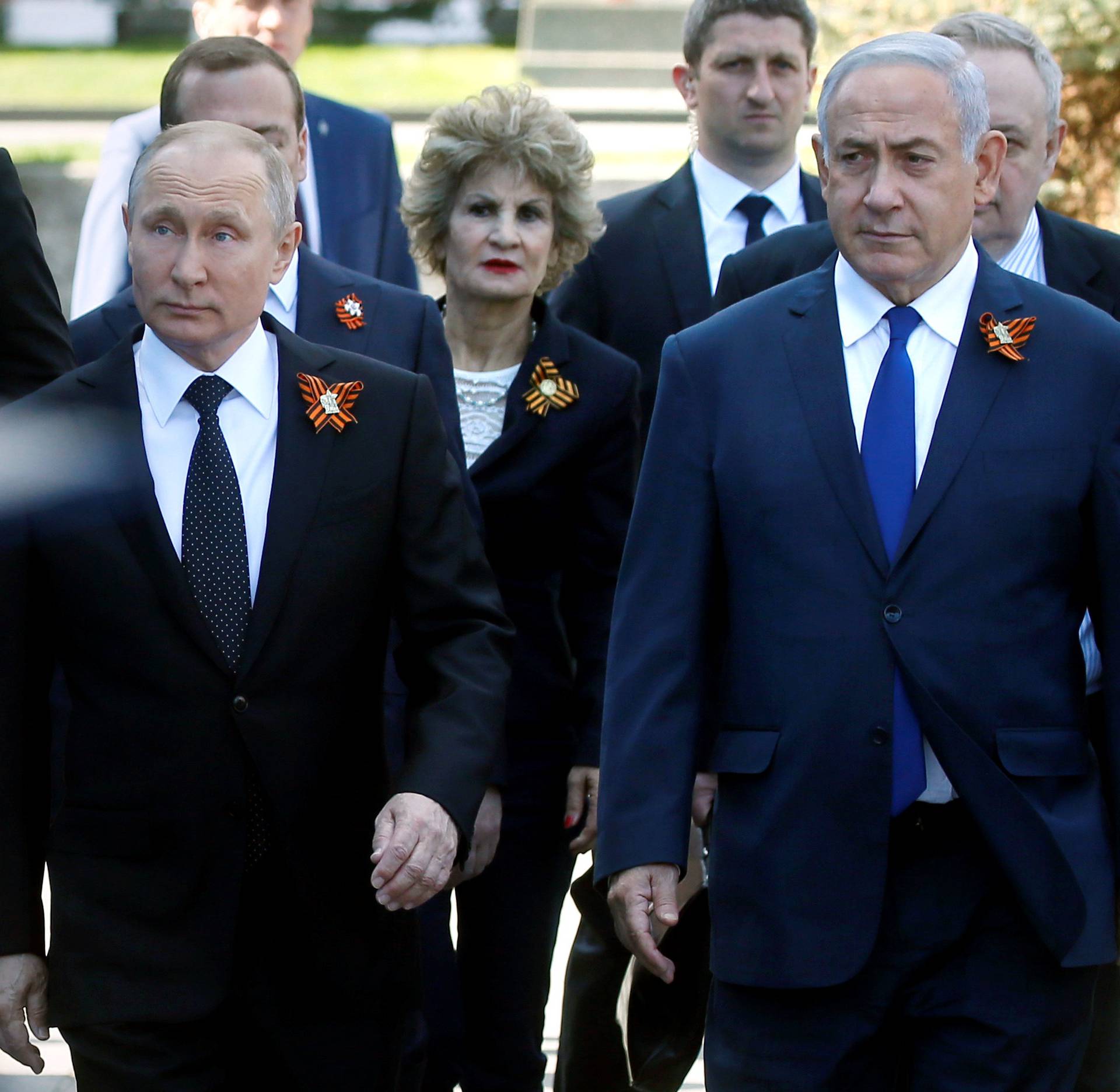 Russian President Putin and Israeli PM Netanyahu arrive to watch the Victory Day parade at Red Square in Moscow