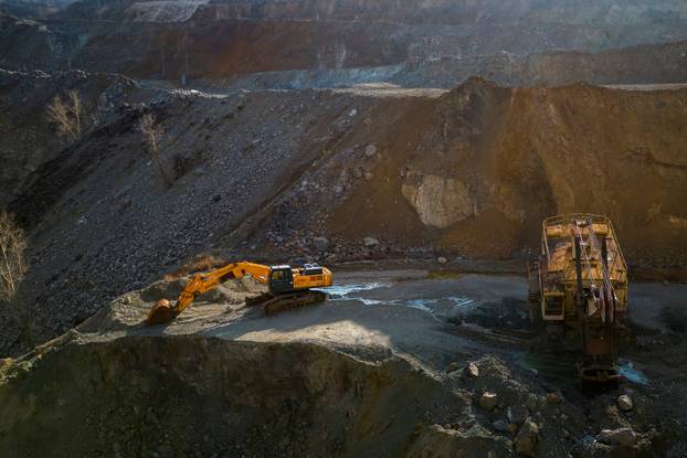 A drone view shows the open pit mine of Zavallievsky Graphite in Zavallia