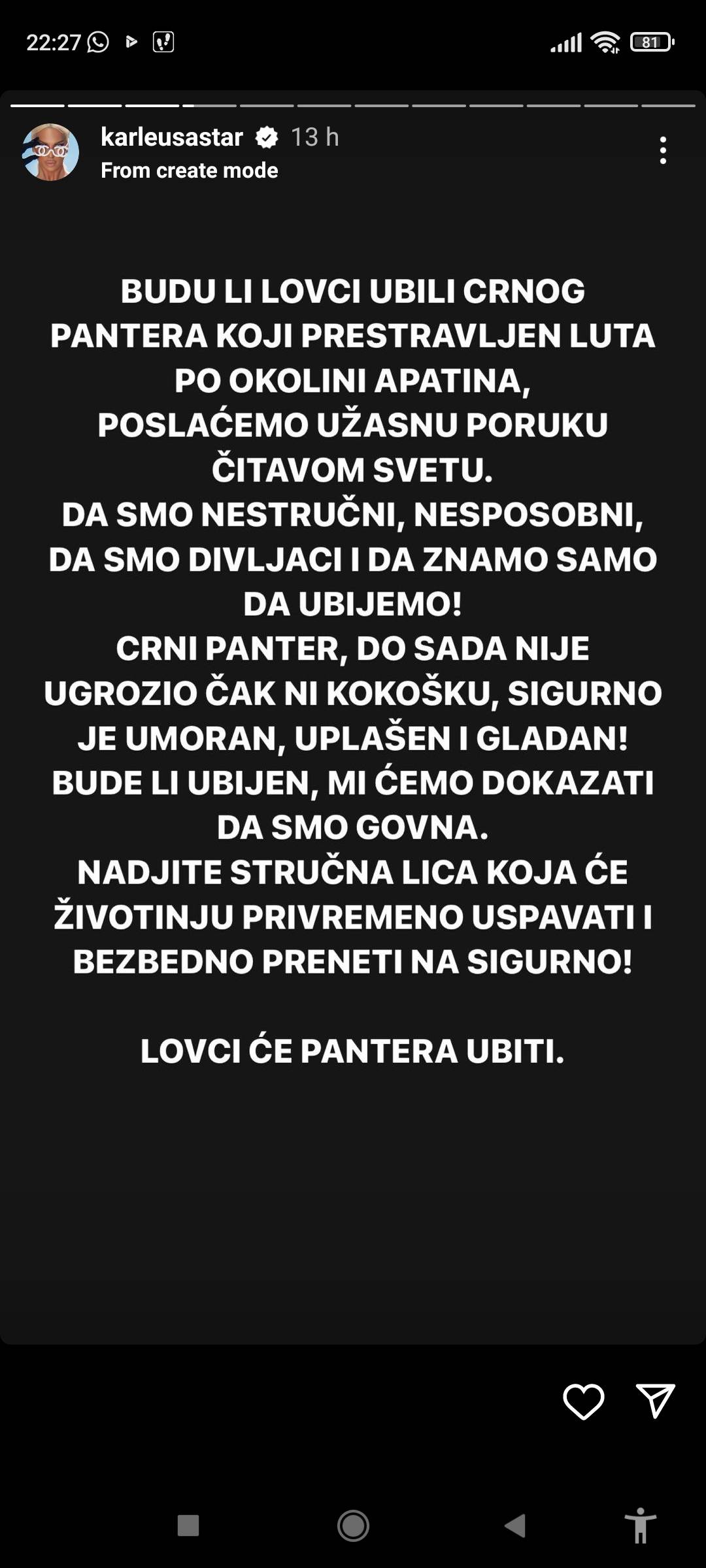 Karleuša napala lovce i državu: 'Crna Pantera se ne smije ubiti!'