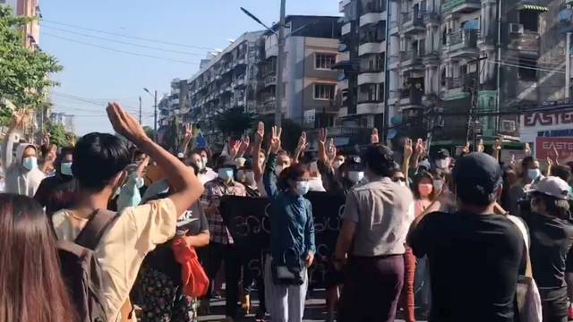 People protest in Hlaing Township, Yangon