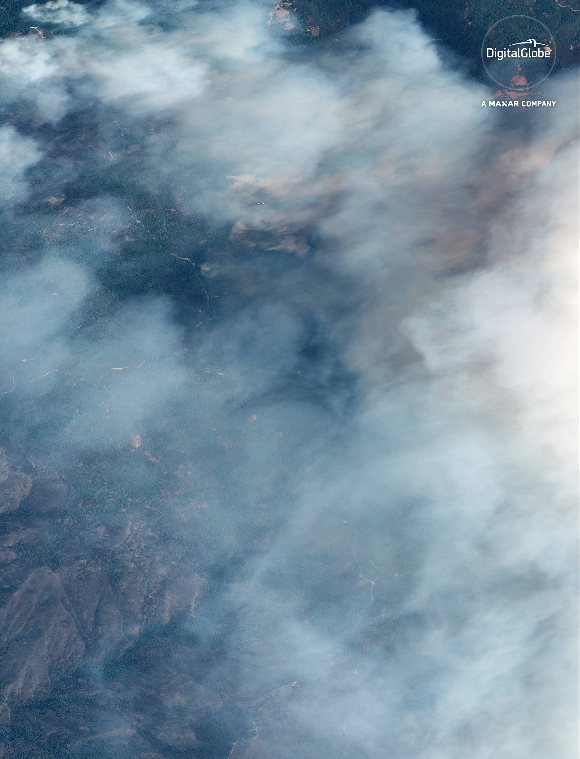 A satellite image shows the Ranch fire at the Mendocino Complex wildfire in California