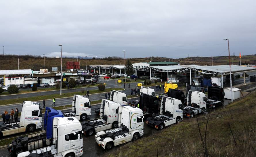Protest by truck drivers and transport union representatives over disruptions linked to the European Union's new Entry-Exit System, in Gevgelija