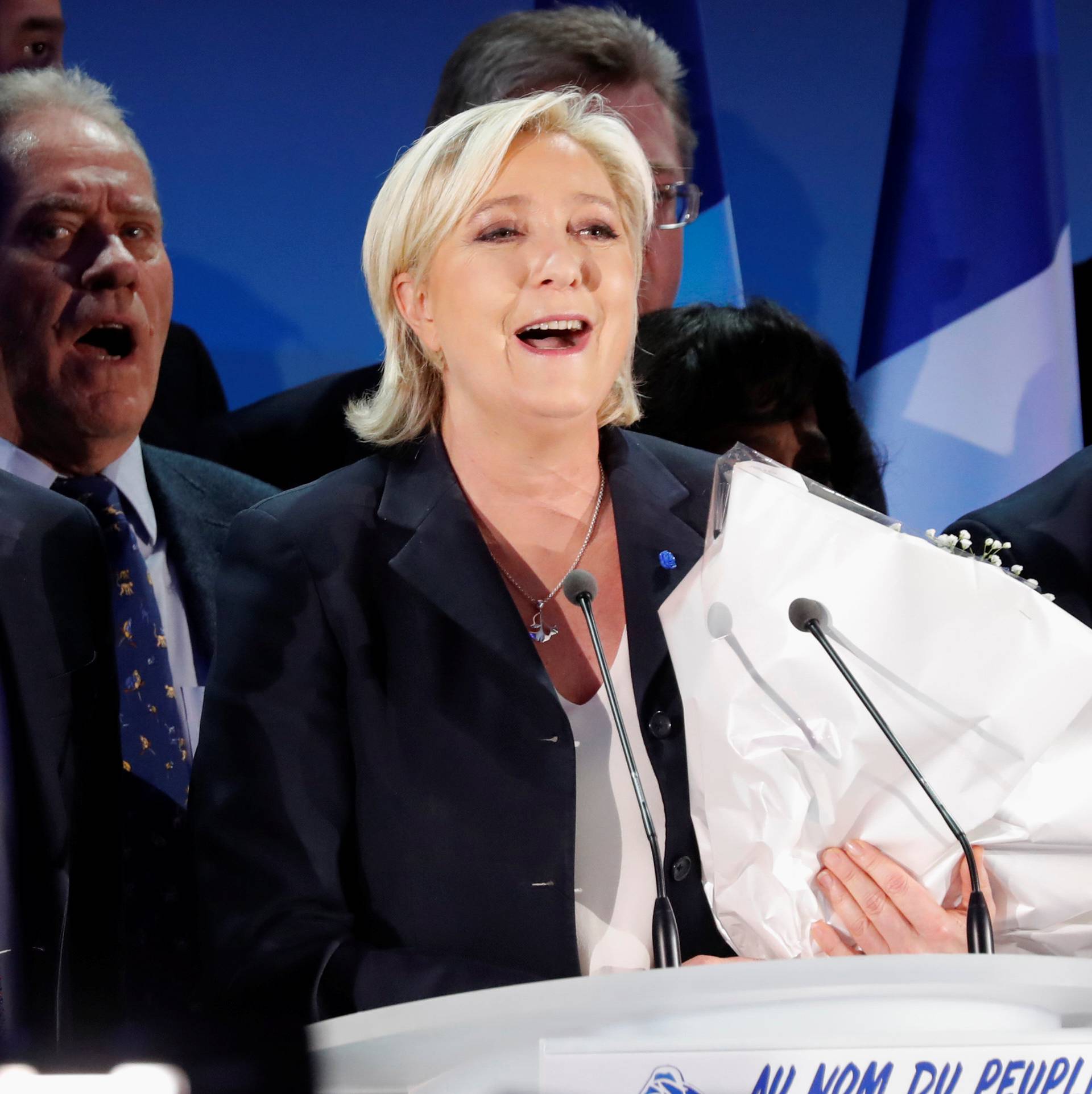 Marine Le Pen, French National Front (FN) political party leader and candidate for French 2017 presidential election, celebrates after early results in the first round of 2017 French presidential election, in Henin-Beaumont