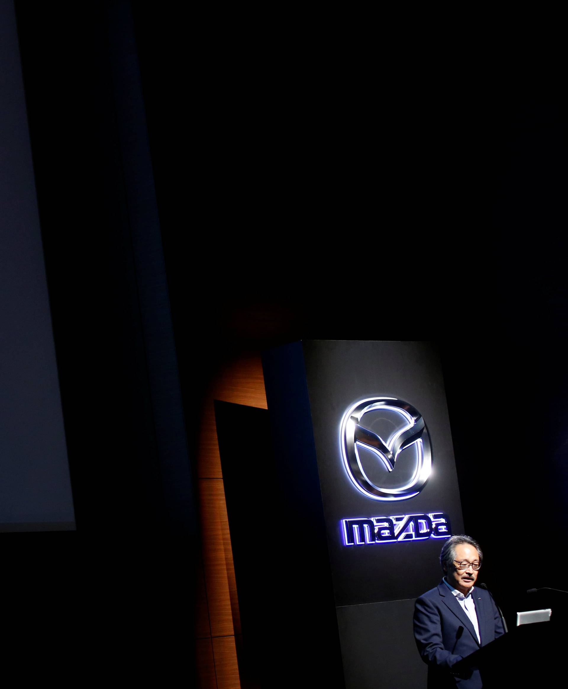 Mazda Motor's director and senior managing executive officer Kiyoshi Fujiwara talks about its new engine, to be called SKYACTIV-X, at a news conference in Tokyo