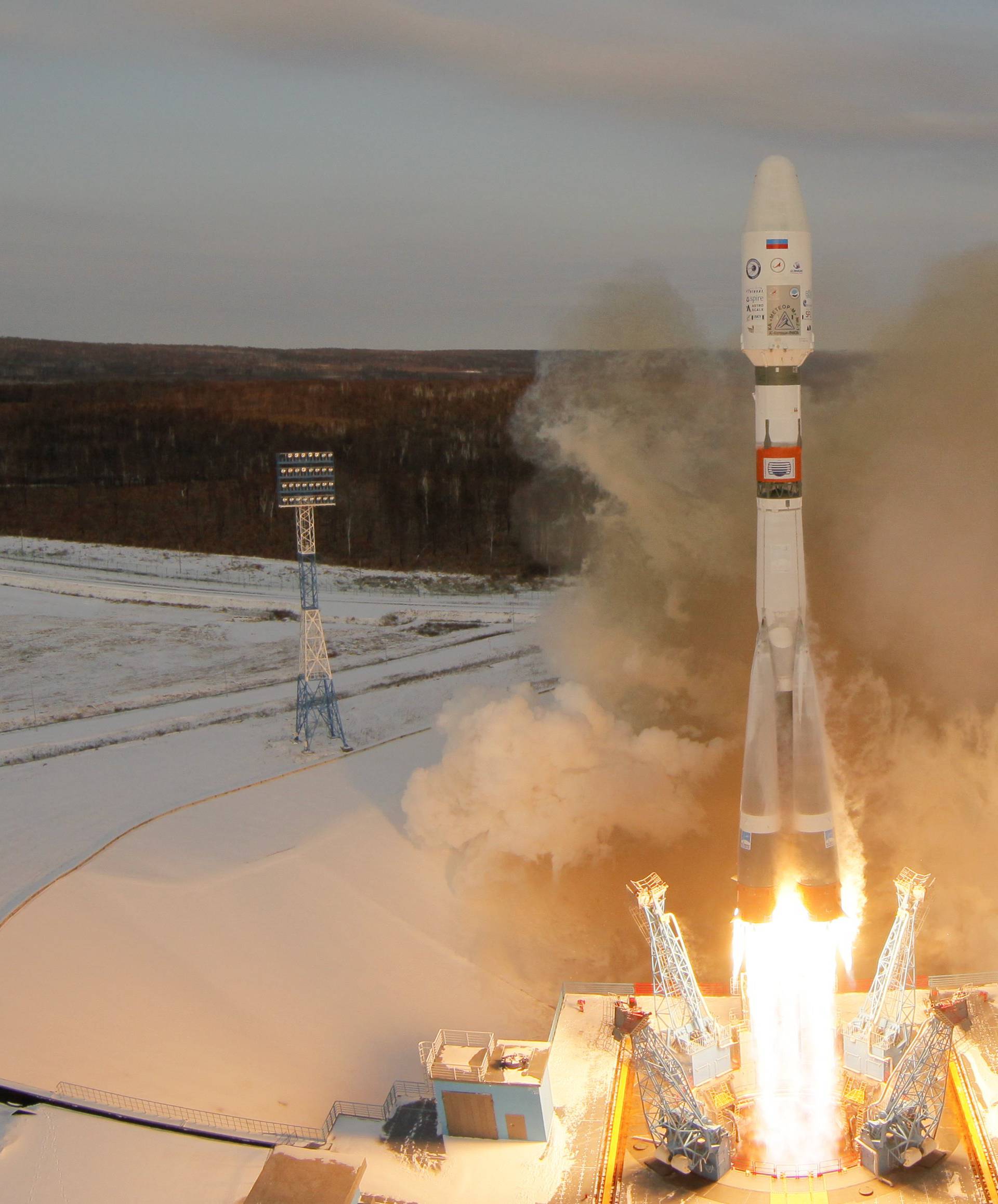 The Souyz-2 spacecraft with Meteor-M satellite and 18 additional small satellites launches from Russia's new Vostochny cosmodrome, near the town of Tsiolkovsky in Amur region