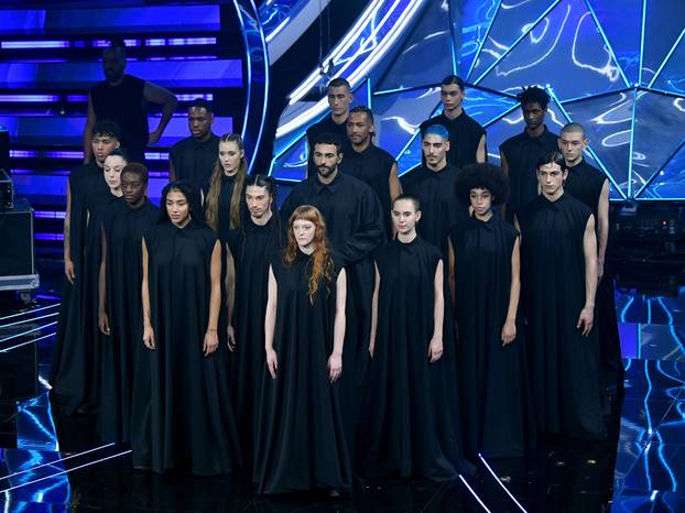 Sanremo, 74th Italian Song Festival, First Evening. Marco Mengoni and the guests on stage