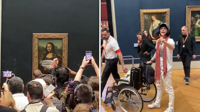 VIDEO  Mladić prerušen u staricu  gađao sliku Mona Lise tortom