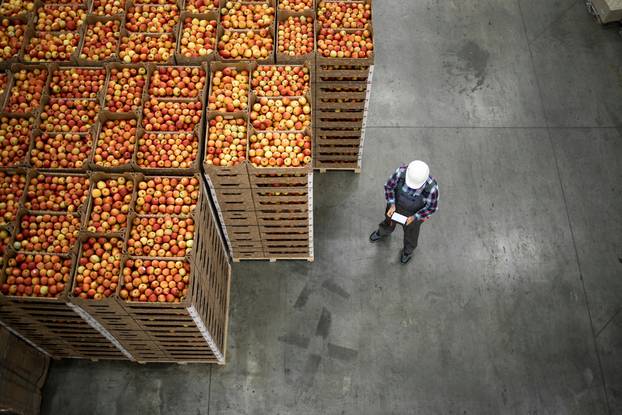 Top,View,Of,Worker,Standing,By,Apple,Fruit,Crates,In