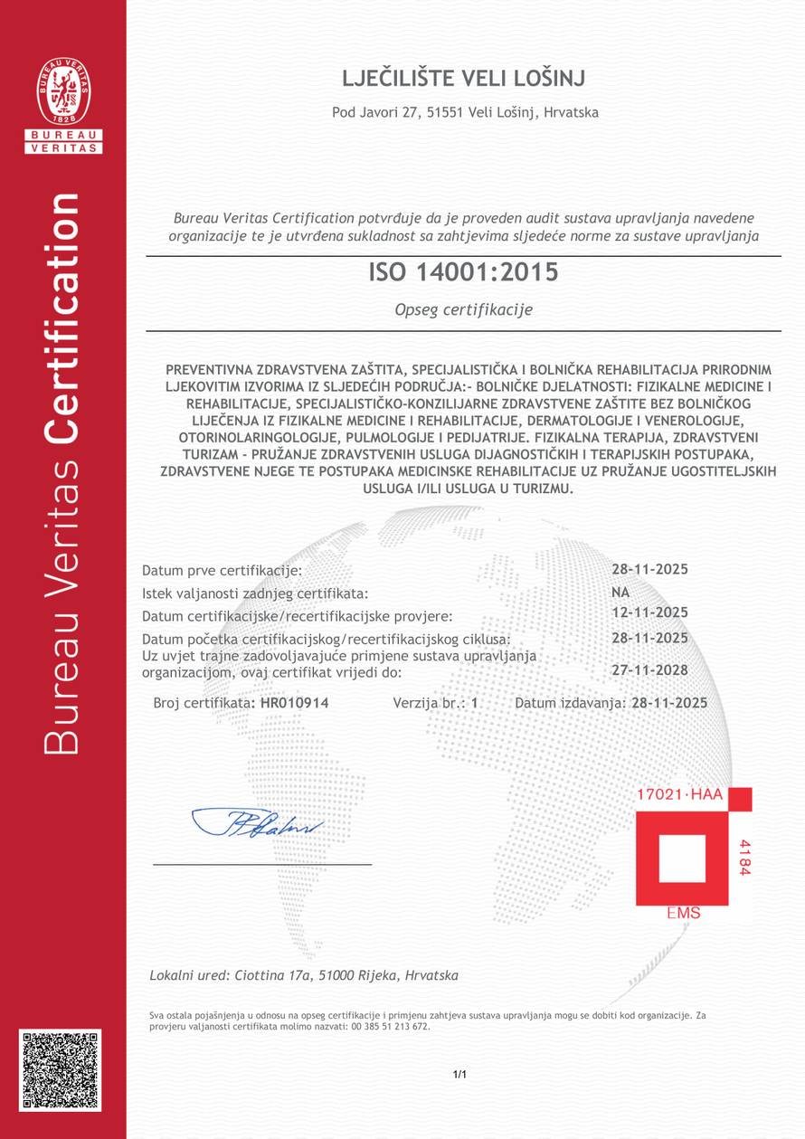 U Lječilištu Veli Lošinj certifikati nisu stvar prestiža, već odgovor na izazove današnjice