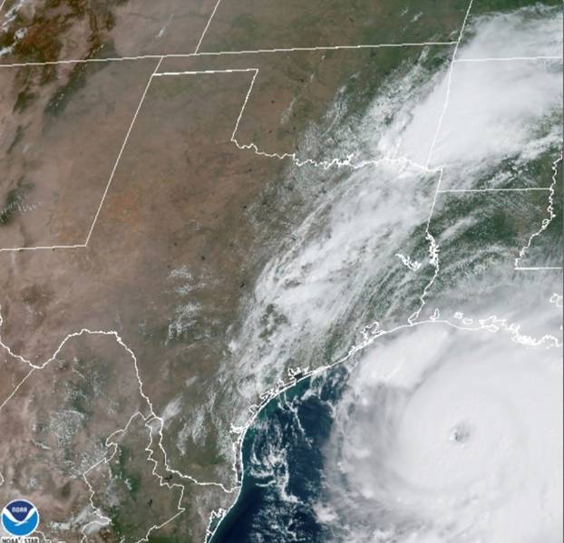 Hurricane Laura arroaches the coasts of Texas and Louisiana in an image from the NOAA GOES-East satellite