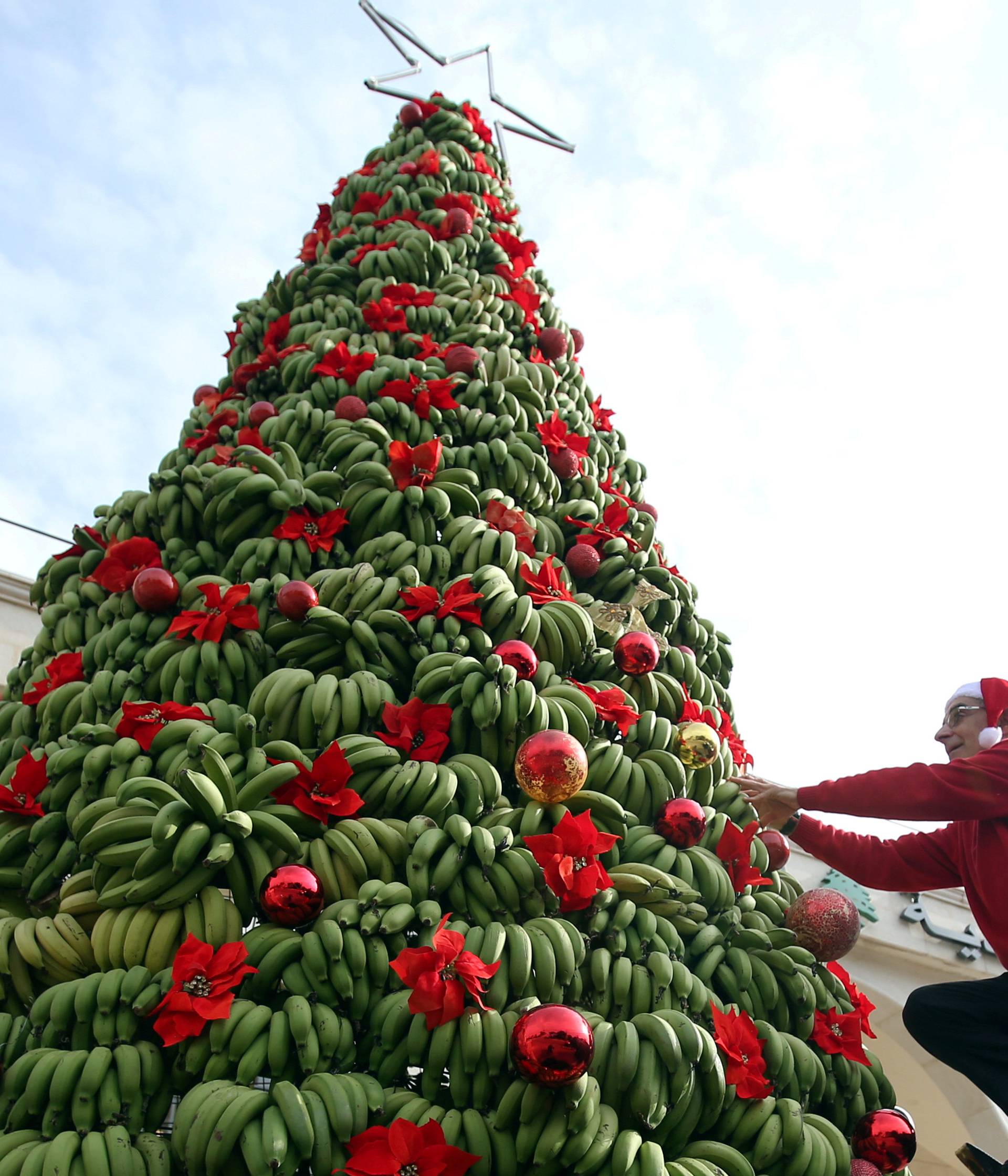 A man decorates a Christmas tree made of bananas in Damour area, south of Beirut