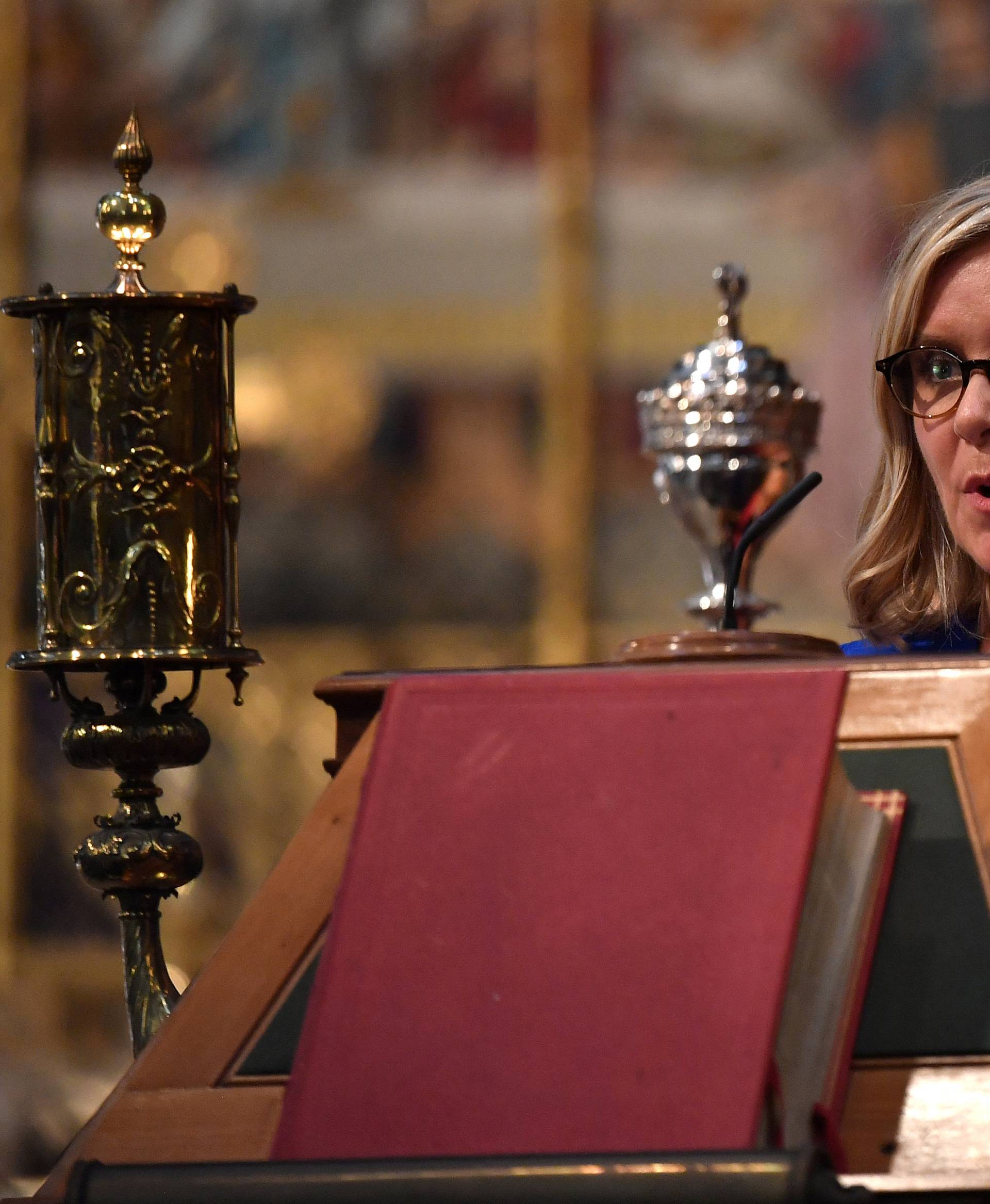 Lucy Hawking, daughter of Stephen Hawking, speaks at a memorial service for British scientist Stephen Hawking during which his ashes will be buried in the nave of the Abbey church, at Westminster Abbey, in London