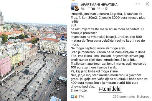 Stan u centru Zagreba renta za 3000 €: Traže me 100 € za dan na moru, e ja naplaćujem zrak