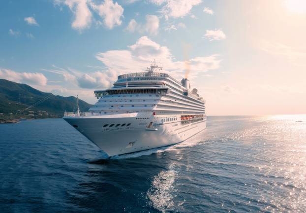 Luxury Cruise Ship Sailing Along Coastal Waters at Sunrise