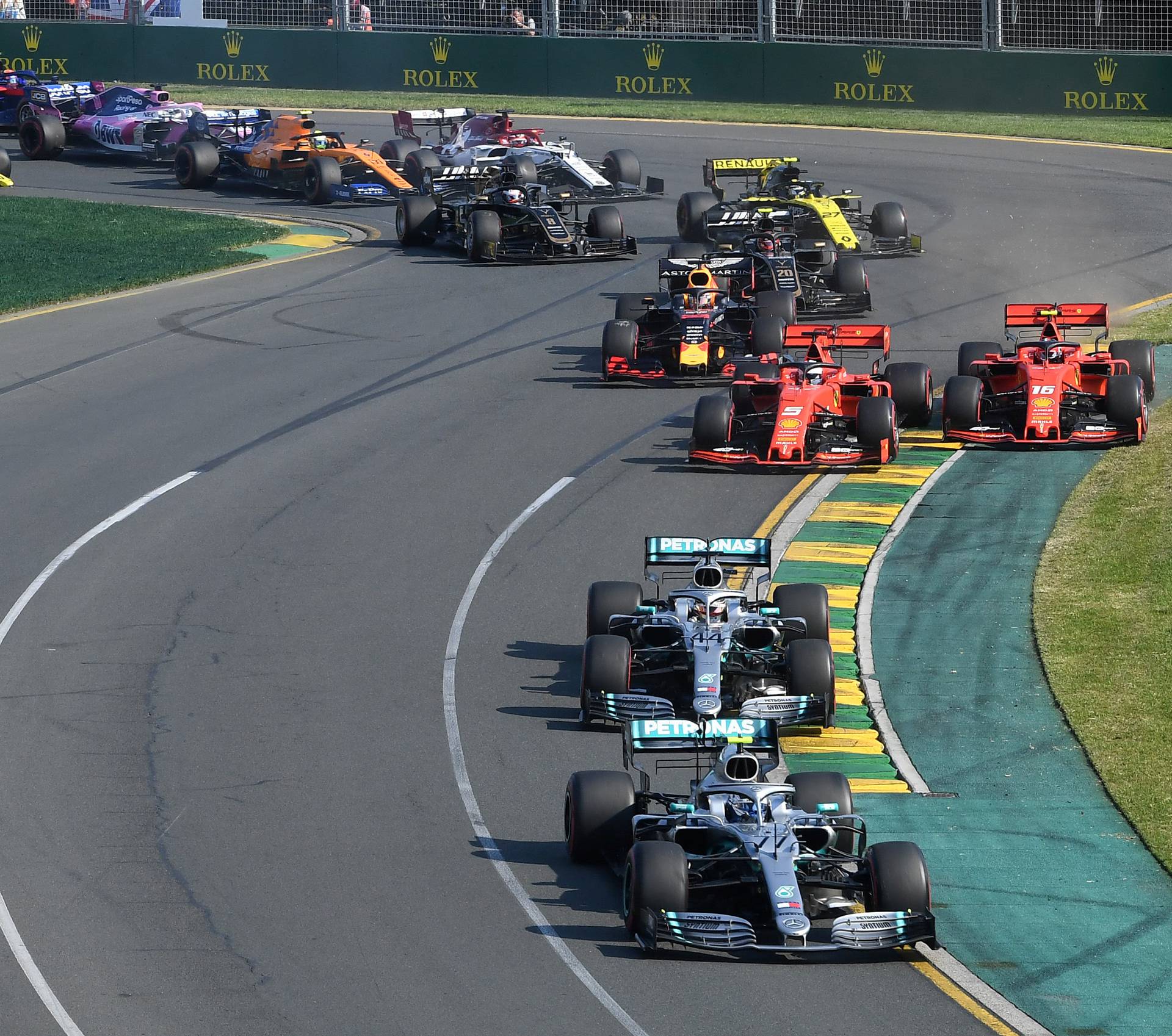 Mercedes' Valtteri Bottas leads the field through turn two during the the Formula One F1 Australian Grand Prix at the Albert Park Grand Prix Circuit in Melbourne