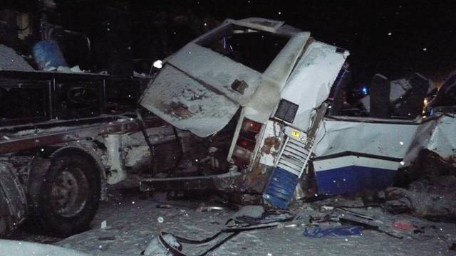 View shows wreckage of bus which got into road accident near Khanty-Mansiysk