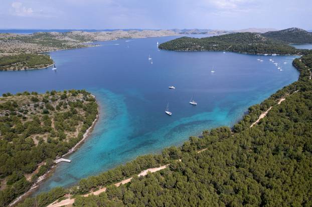 A drone view shows anchored boats in the Nature park Telascica on Dugi Otok