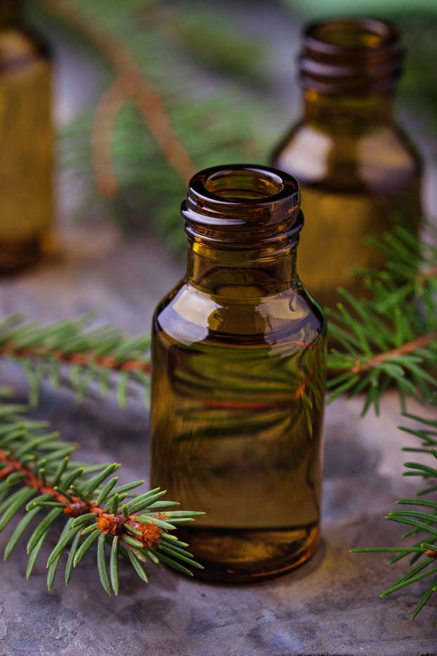 Fir tree essential oil in small bottles 