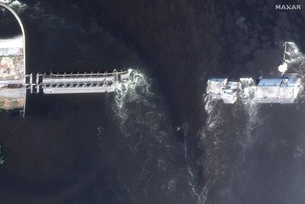 A satellite image shows an overview of the Nova Kakhovka dam after it collapsed, amid Russia's attack on Ukraine, in Nova Kakhovka