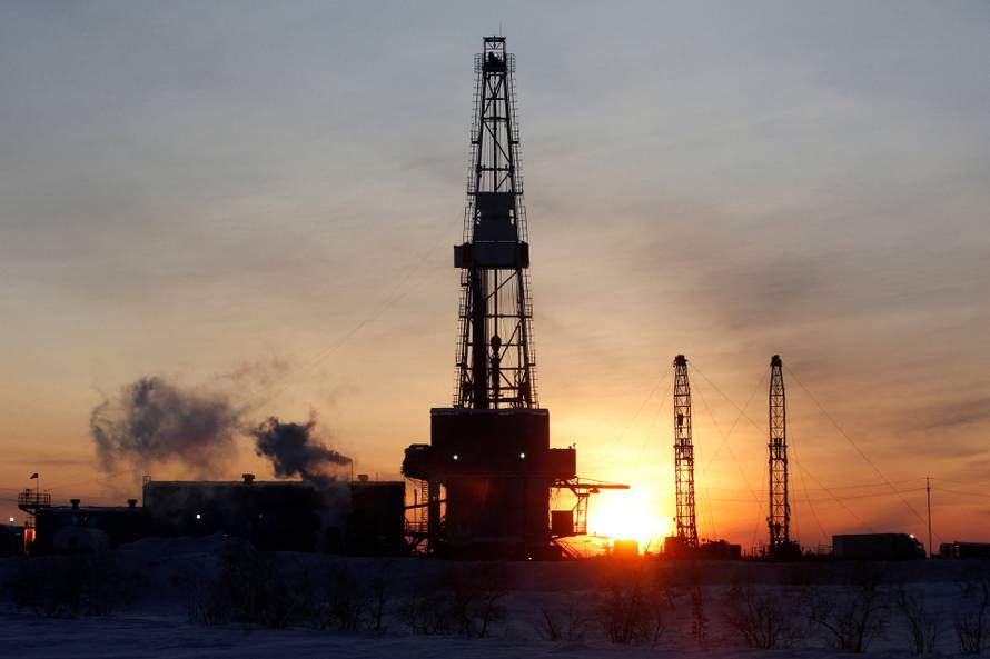 FILE PHOTO: A general view shows an drilling rig at the Lukoil company owned Imilorskoye oil field outside the West Siberian city of Kogalym, Russia