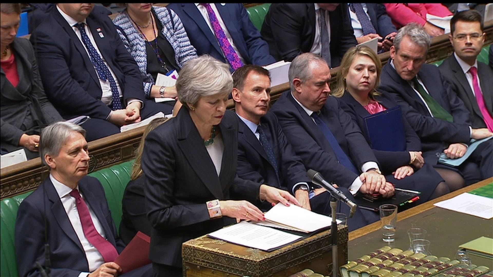 A still image from video footage shows Britain's Prime Minister Theresa May speak about Brexit, in the House of Commons, in central London