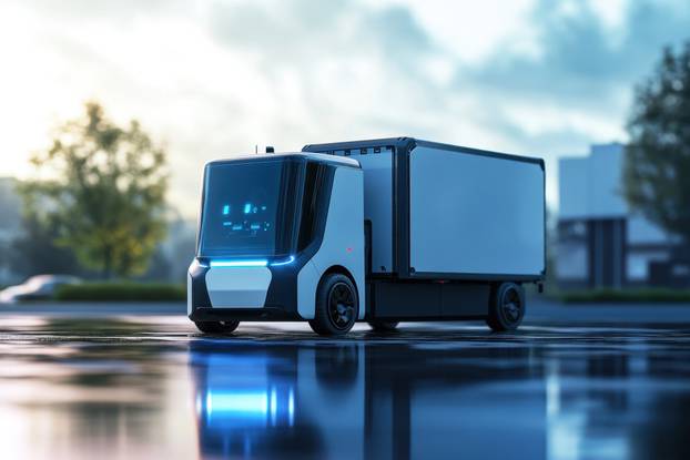Innovative electric delivery truck on a rainy urban street during twilight