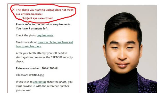 A screenshot of New Zealand man Richard Lee's passport photo rejection notice, supplied to Reuters