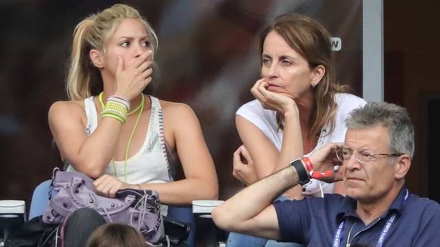 Shakira, wife of Gerard Pique and their two sons, Milan Pique Mebarak and Sasha Pique Mebarak at the match Italy v Spain in Paris