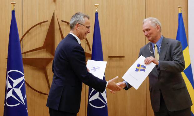 NATO holds ceremony to mark Sweden's and Finland's application for membership in Brussels