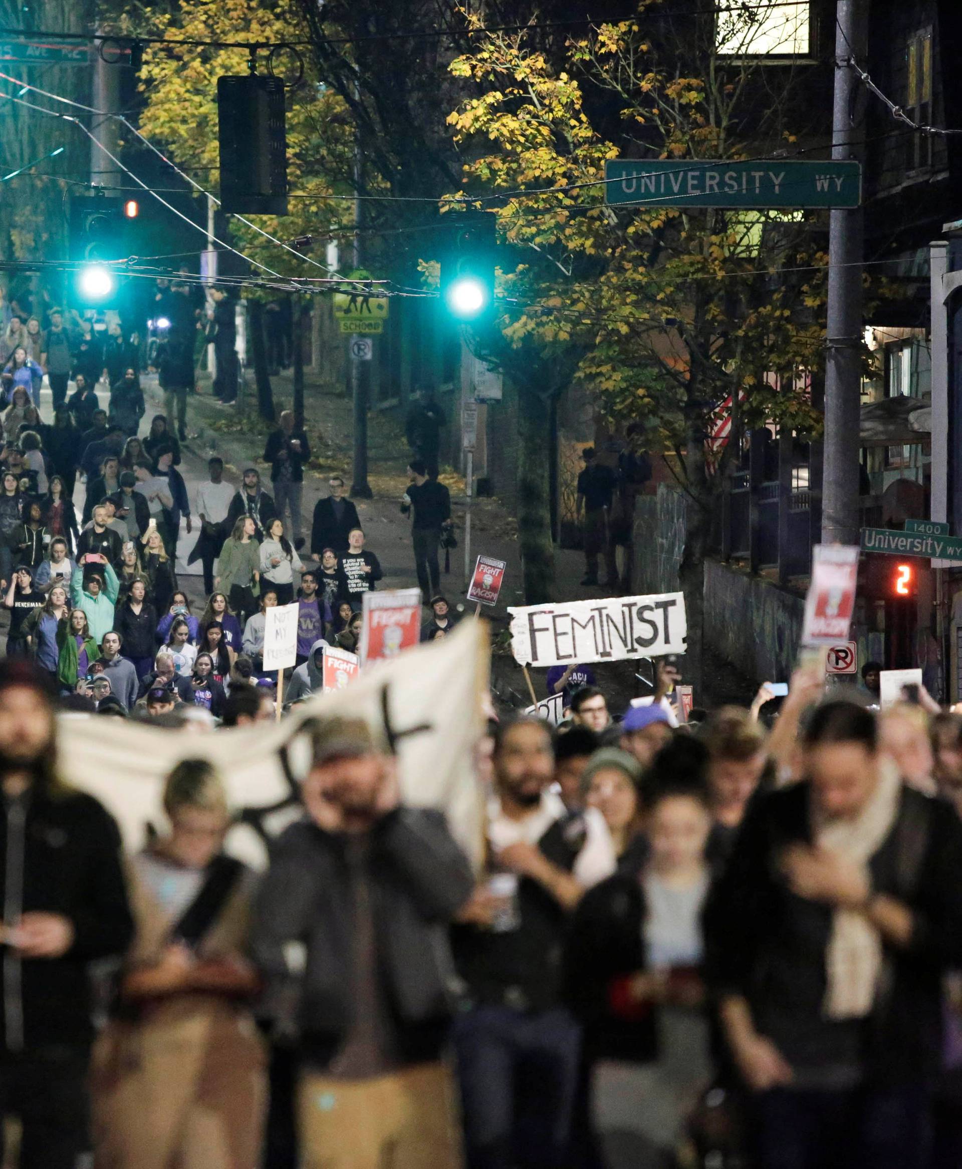 People march in protest to the election of Republican Donald Trump as the president of the United States in Seattle, Washington