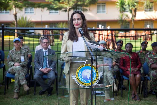 U.S. Actor and UNHCR Special Envoy Angelina Jolie delivers a statement at the The International Peace Support Training Centre in Nairobi, Kenya