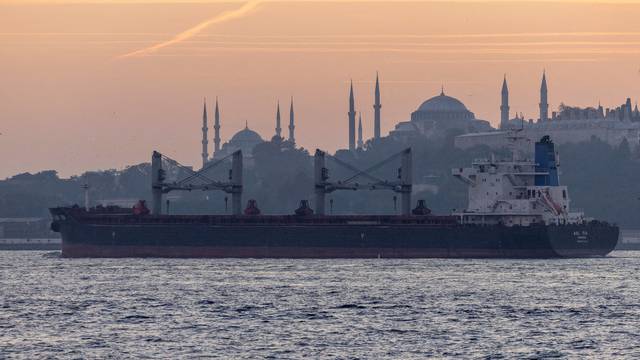 FILE PHOTO: FILE PHOTO: Asl Tia, a cargo vessel carrying Ukrainian grain, transits Bosphorus, in Istanbul