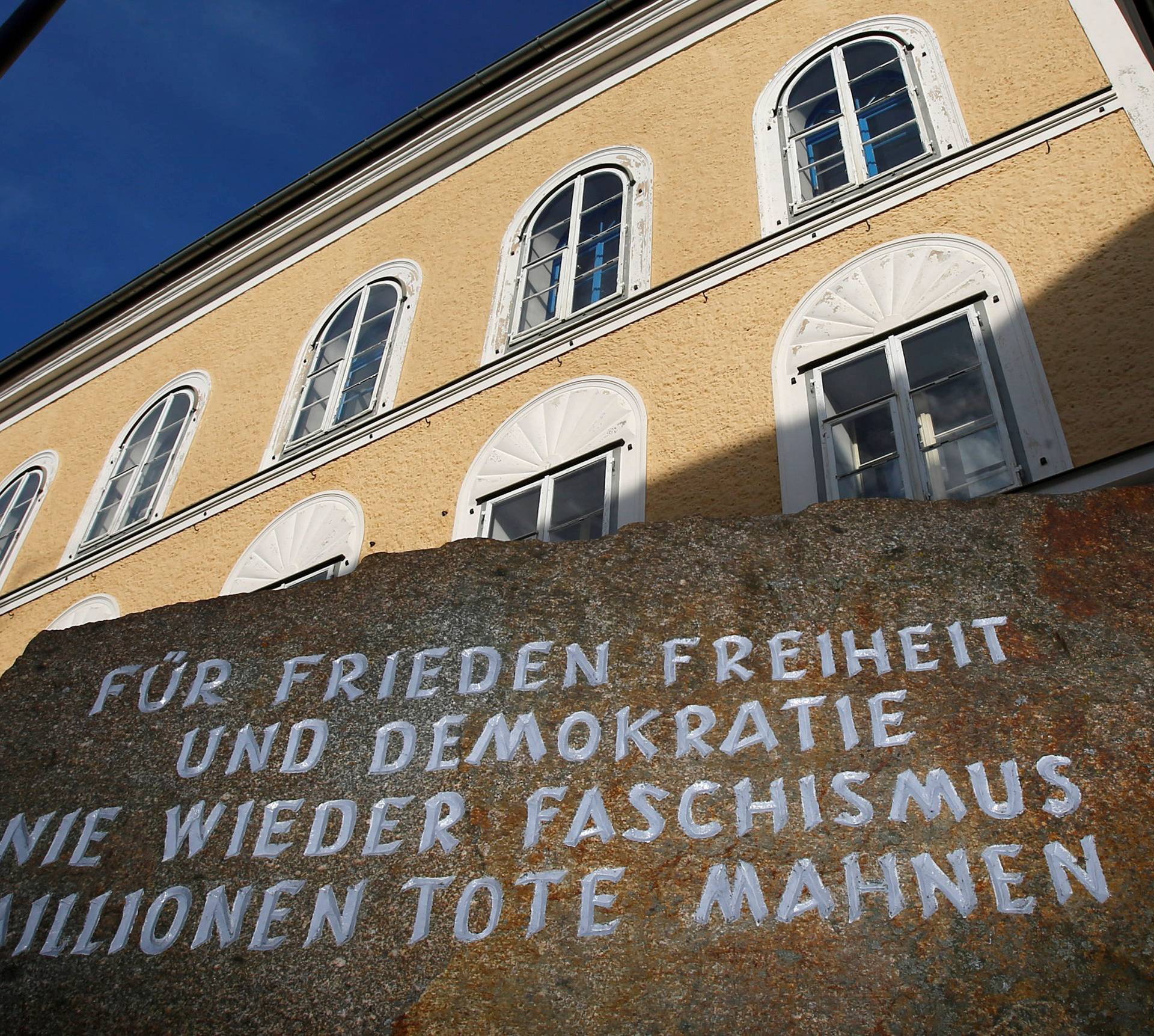 Inscribed stone outside house in which Adolf Hitler was born is pictured in Braunau am Inn