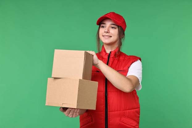 Girl in uniform with parcels on green background. Work for teenagers