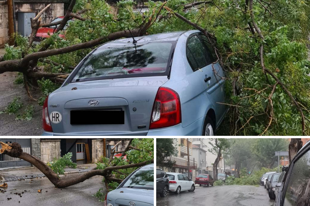 Udari vjetra lomili su grane na Marjanu, dio stabla pao na auto