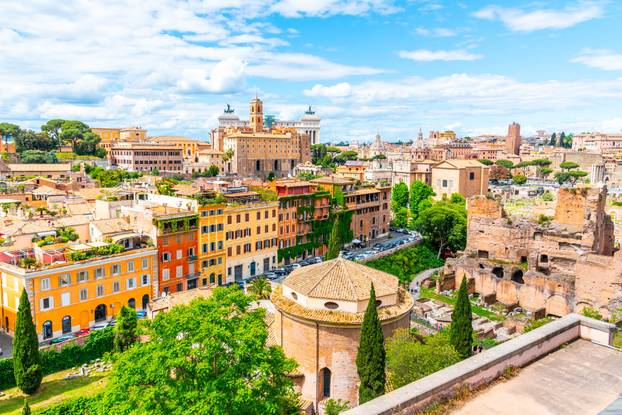 Roman Forum, Latin Forum Romanum, most important cenre in ancient Rome, Italy. Aerial view from Palatine Hill