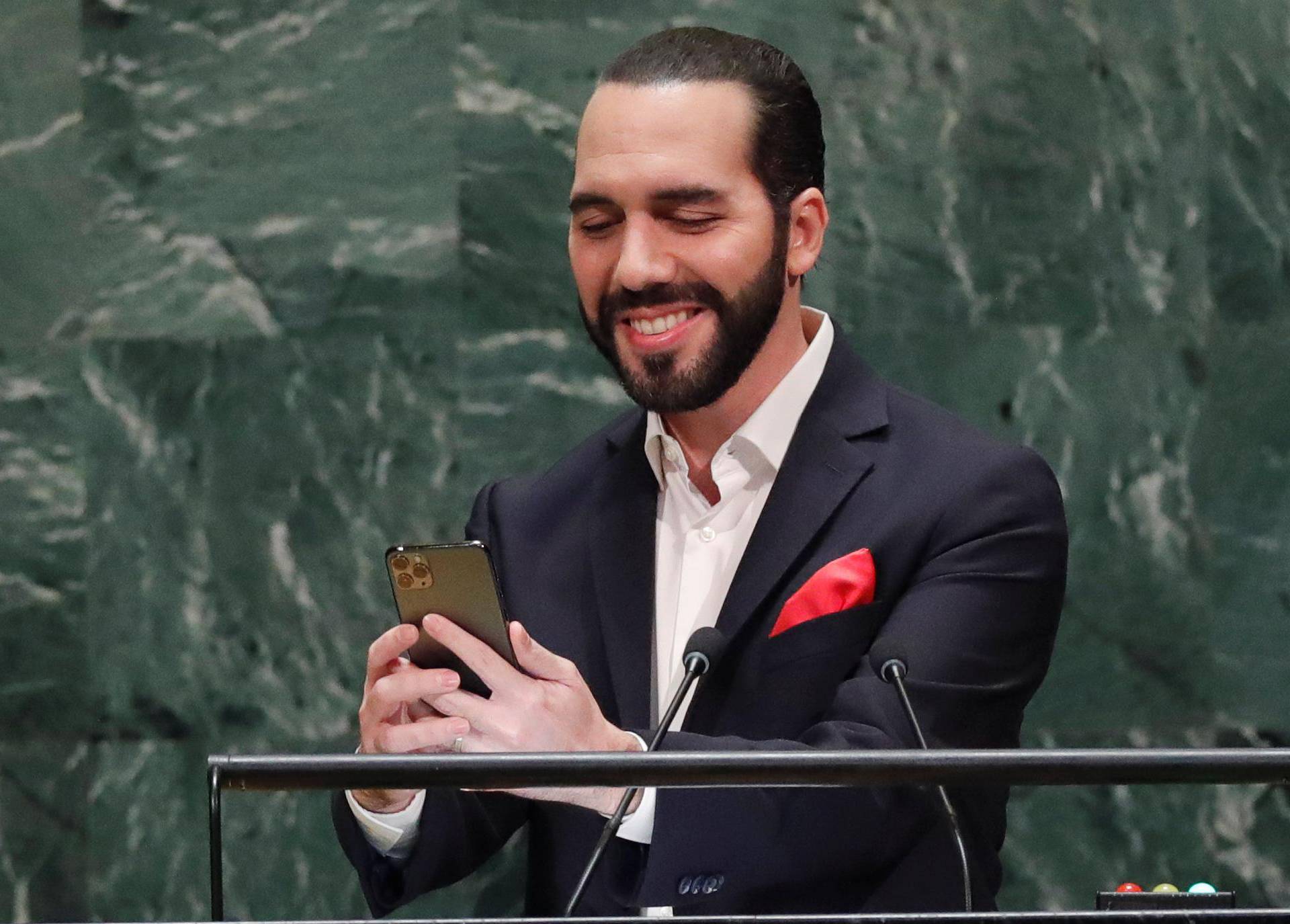 Nayib Bukele, President of El Salvador takes a selfie before addressing the 74th session of the United Nations General Assembly at U.N. headquarters in New York City