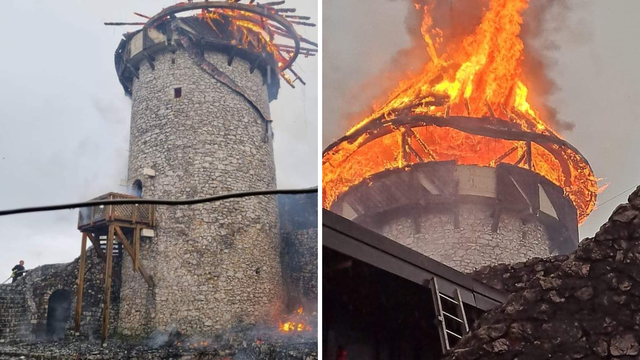 VIDEO Požar u Velikoj Kladuši, gori kula! Kupola je potpuno izgorjela: 'Vatrogasci se bore'