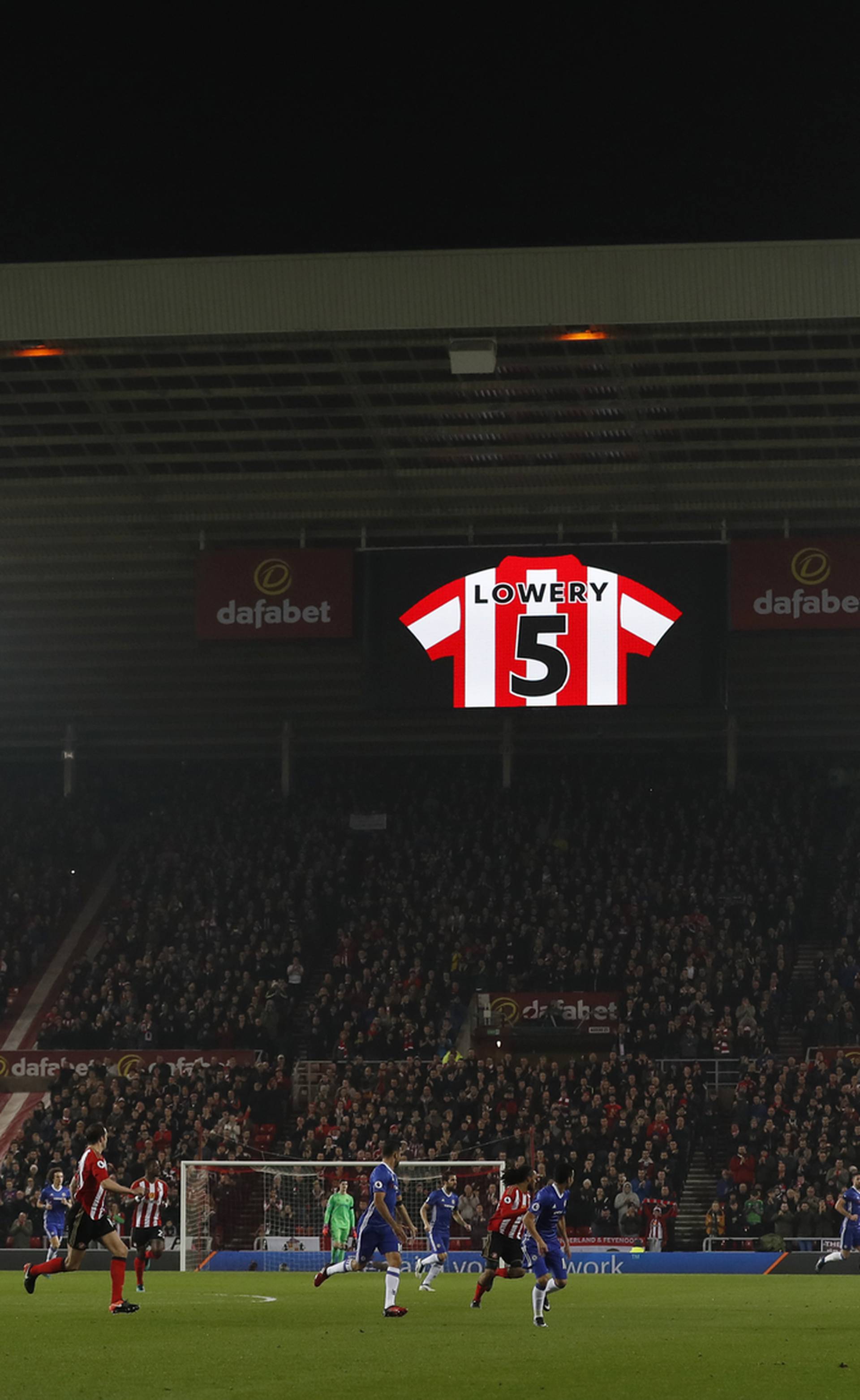 General view of match action during the minute applause in honour of Sunderland mascot Bradley Lowery as the big screen displays a message