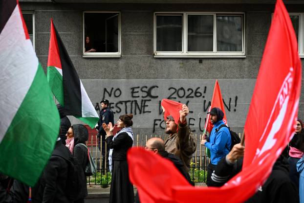 People attend a protest against Israel's participation in the Eurovision Song Contest