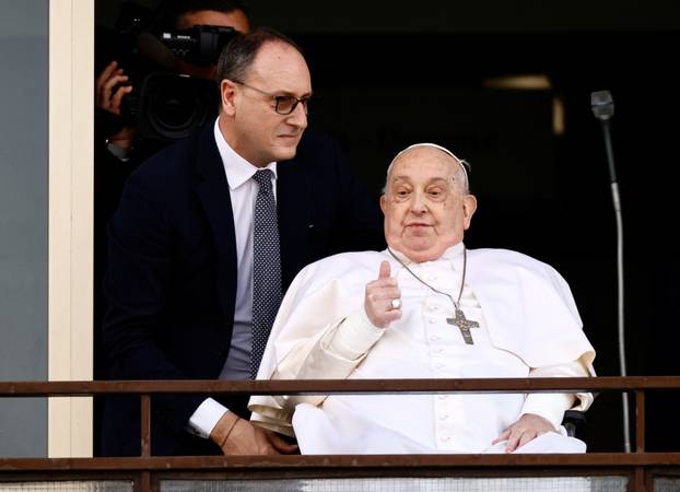 Pope Francis' first public appearance in five weeks on the day of his discharge from Gemelli Hospital, in Rome