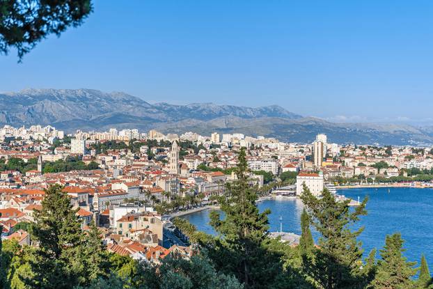 Cityscape of the Split city near the sea with mountains behind it, Croatia