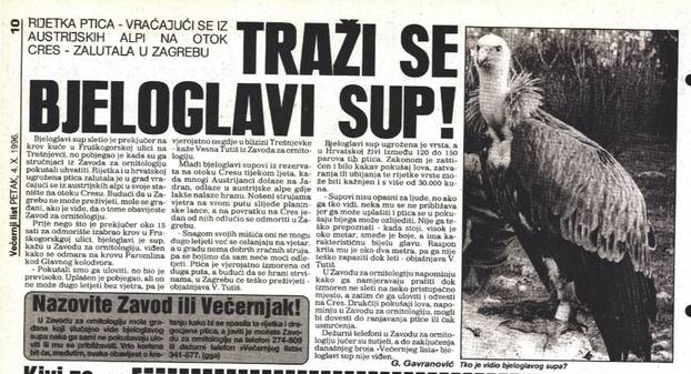 Tekstovi Večernjeg lista o potrazi za bjeloglavim supom 1996. 