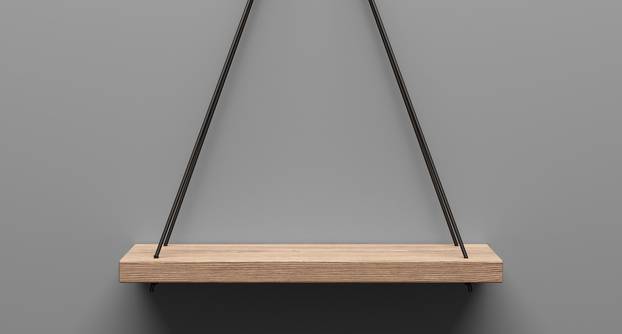 empty wooden shelf hanging on rope with light from the top. 3d illustration