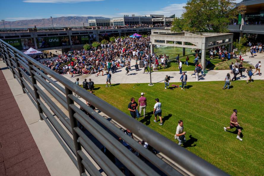 People run after U.S. right-wing activist and commentator Charlie Kirk was shot at a Utah Valley University speaking event in Orem