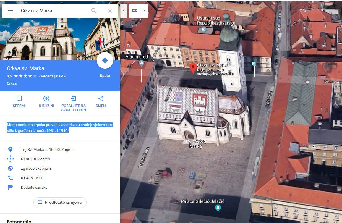 Crkva svetog Marka za Google karte je "srpska pravoslavna"